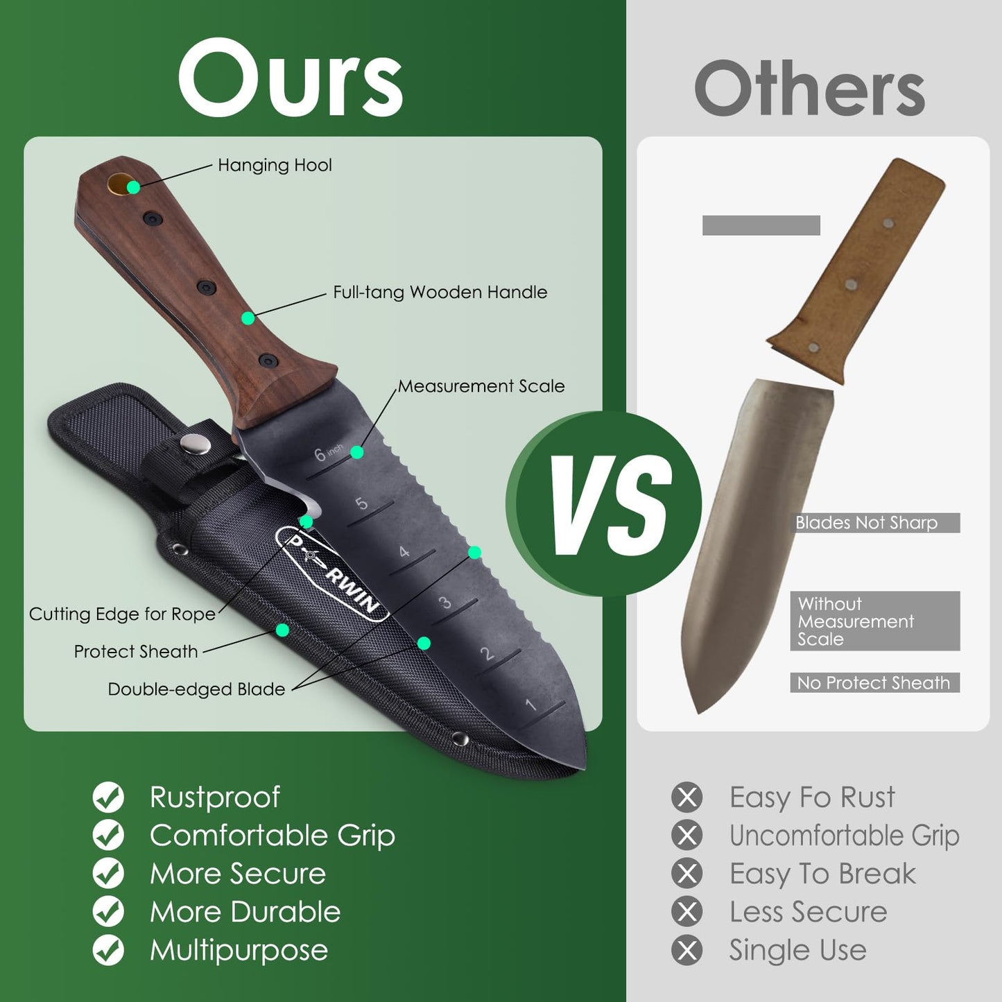 PERWIN Hori Hori 7" Garden Knife with Sheath
