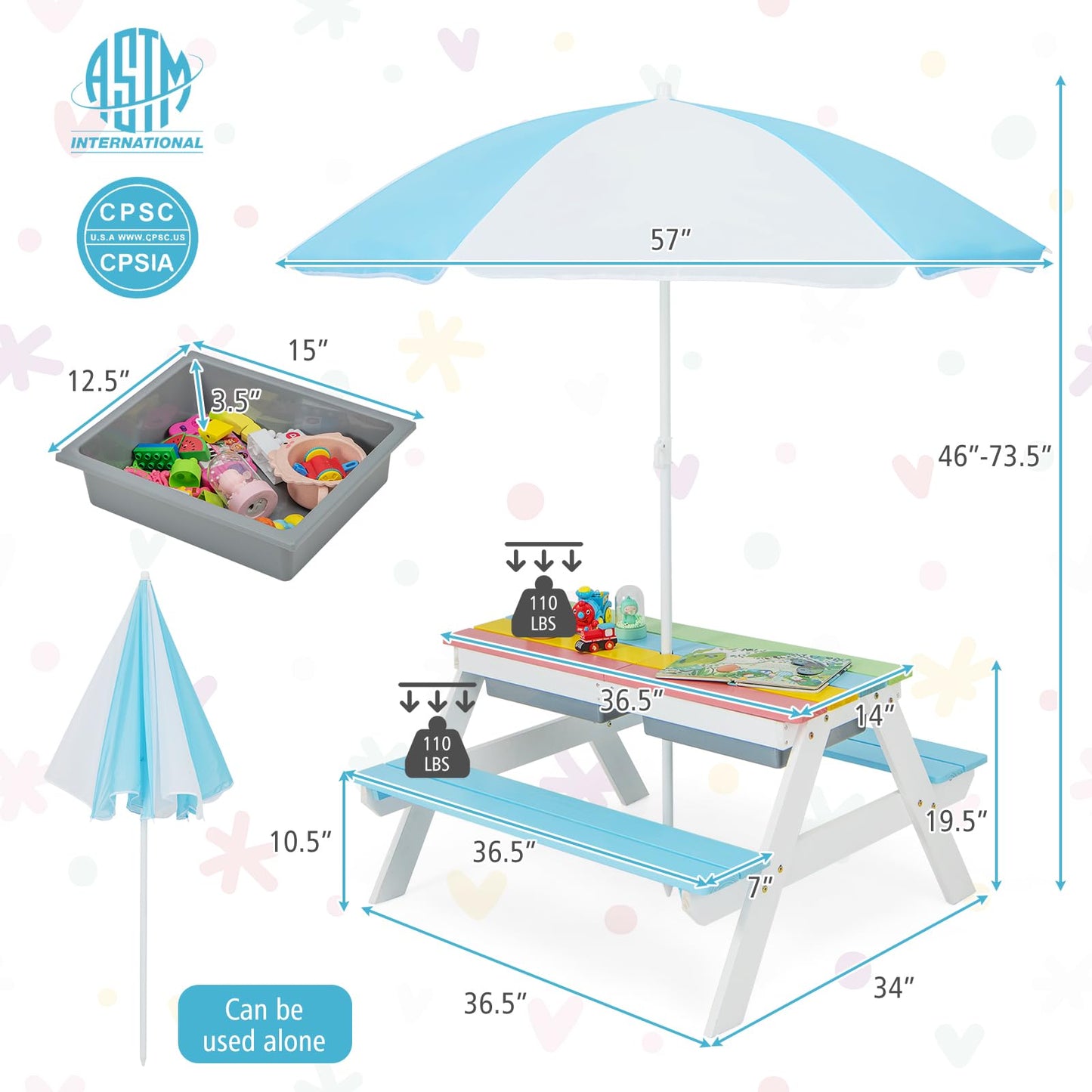 FIREFLOWERY Kids 3-in-1 Picnic Table with Height Adjustable Umbrella - Sand Tray, Water Tray and Picnic Table