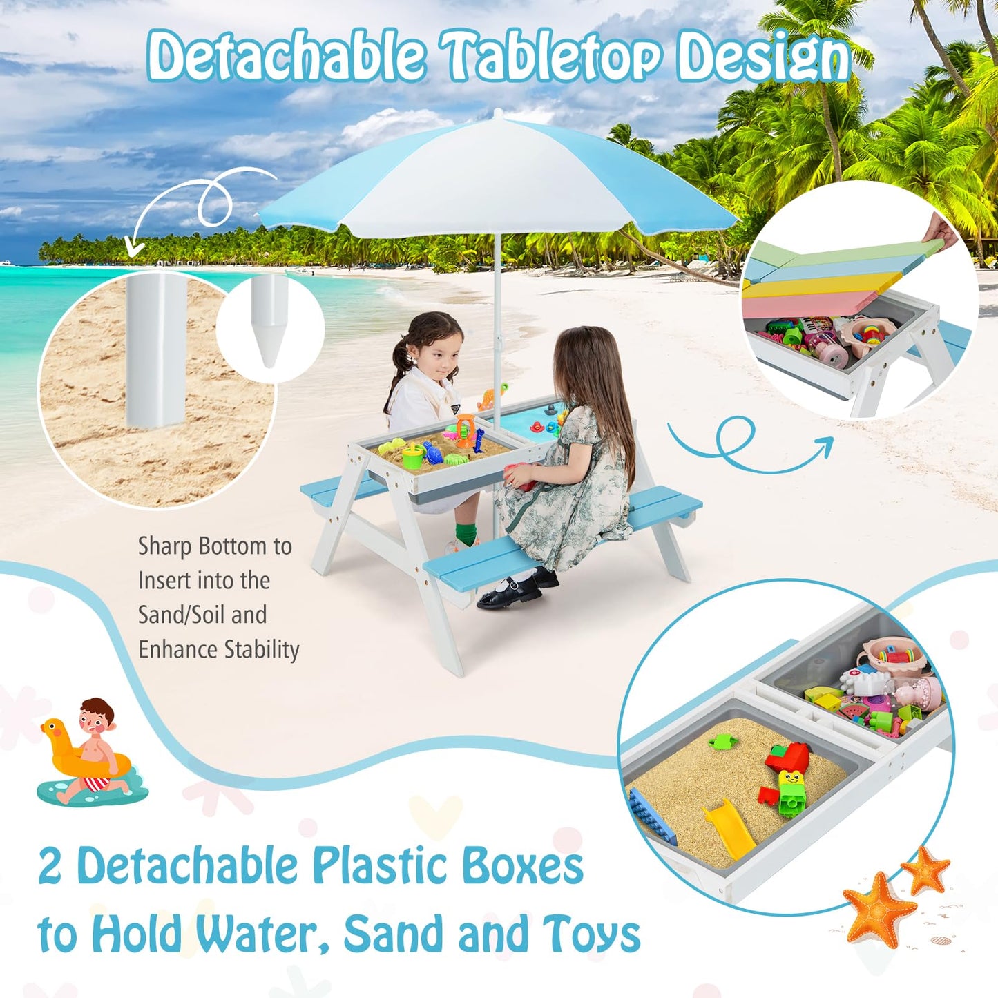 FIREFLOWERY Kids 3-in-1 Picnic Table with Height Adjustable Umbrella - Sand Tray, Water Tray and Picnic Table