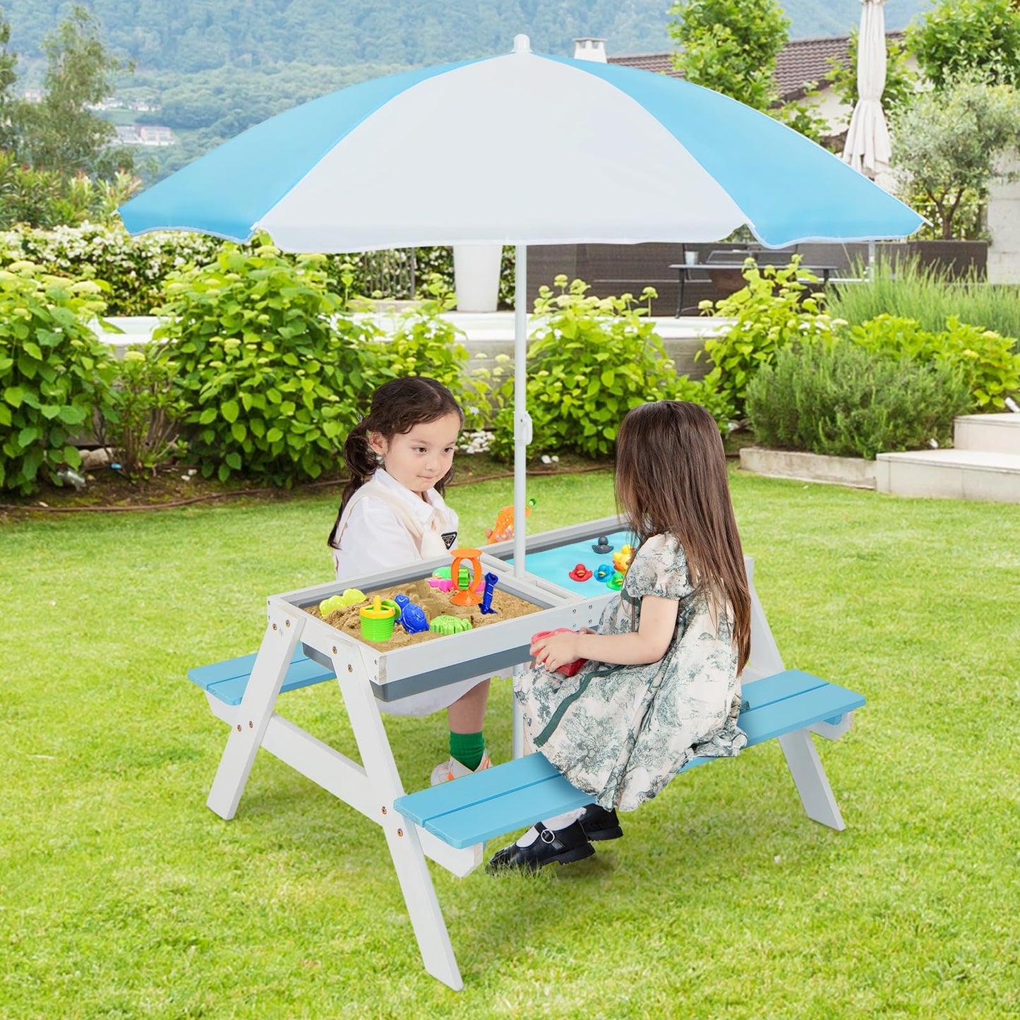 FIREFLOWERY Kids 3-in-1 Picnic Table with Height Adjustable Umbrella - Sand Tray, Water Tray and Picnic Table