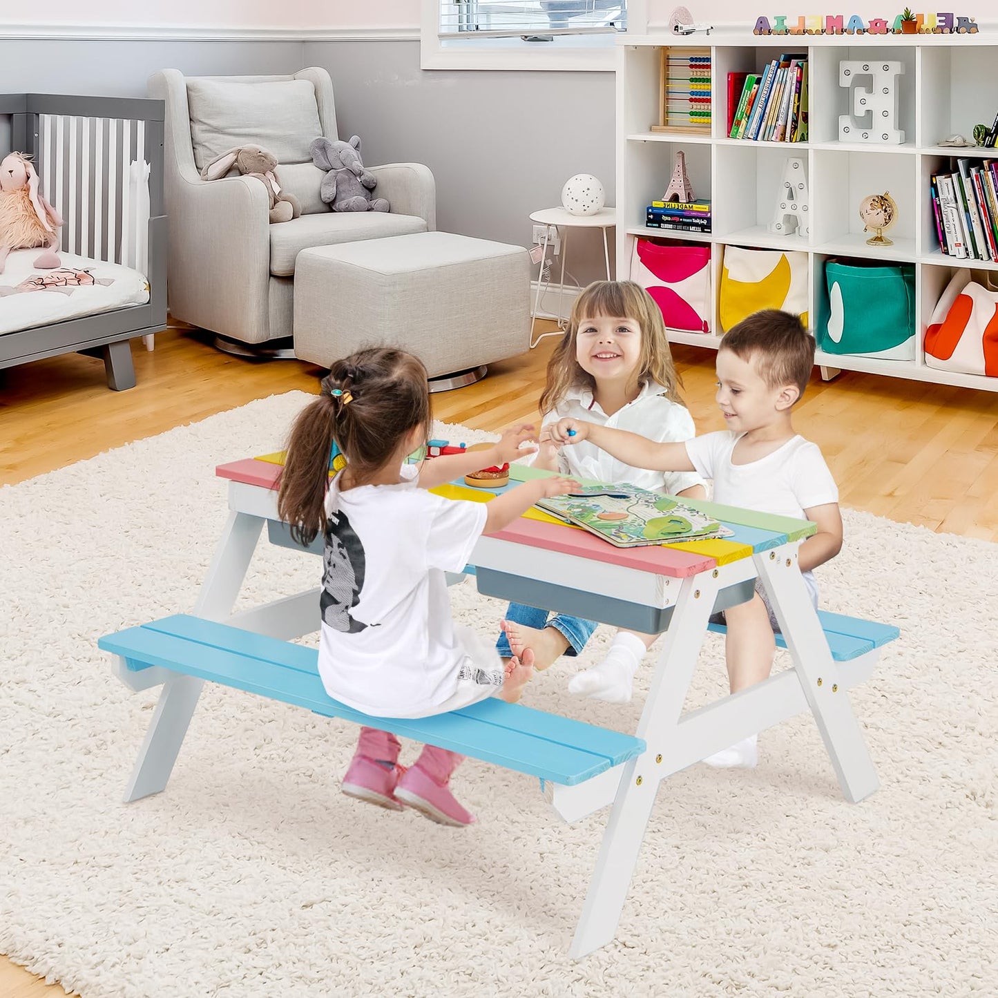 FIREFLOWERY Kids 3-in-1 Picnic Table with Height Adjustable Umbrella - Sand Tray, Water Tray and Picnic Table
