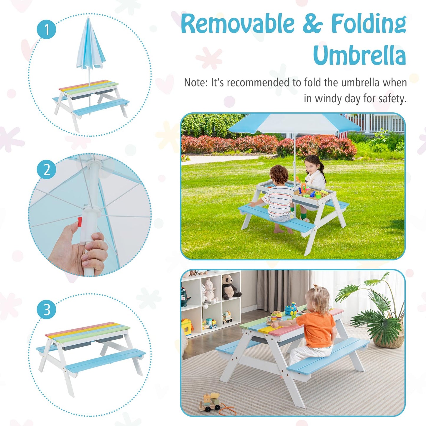 FIREFLOWERY Kids 3-in-1 Picnic Table with Height Adjustable Umbrella - Sand Tray, Water Tray and Picnic Table