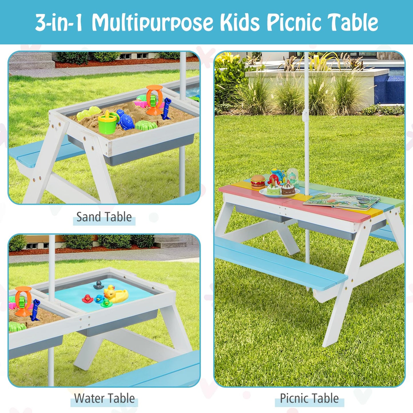FIREFLOWERY Kids 3-in-1 Picnic Table with Height Adjustable Umbrella - Sand Tray, Water Tray and Picnic Table