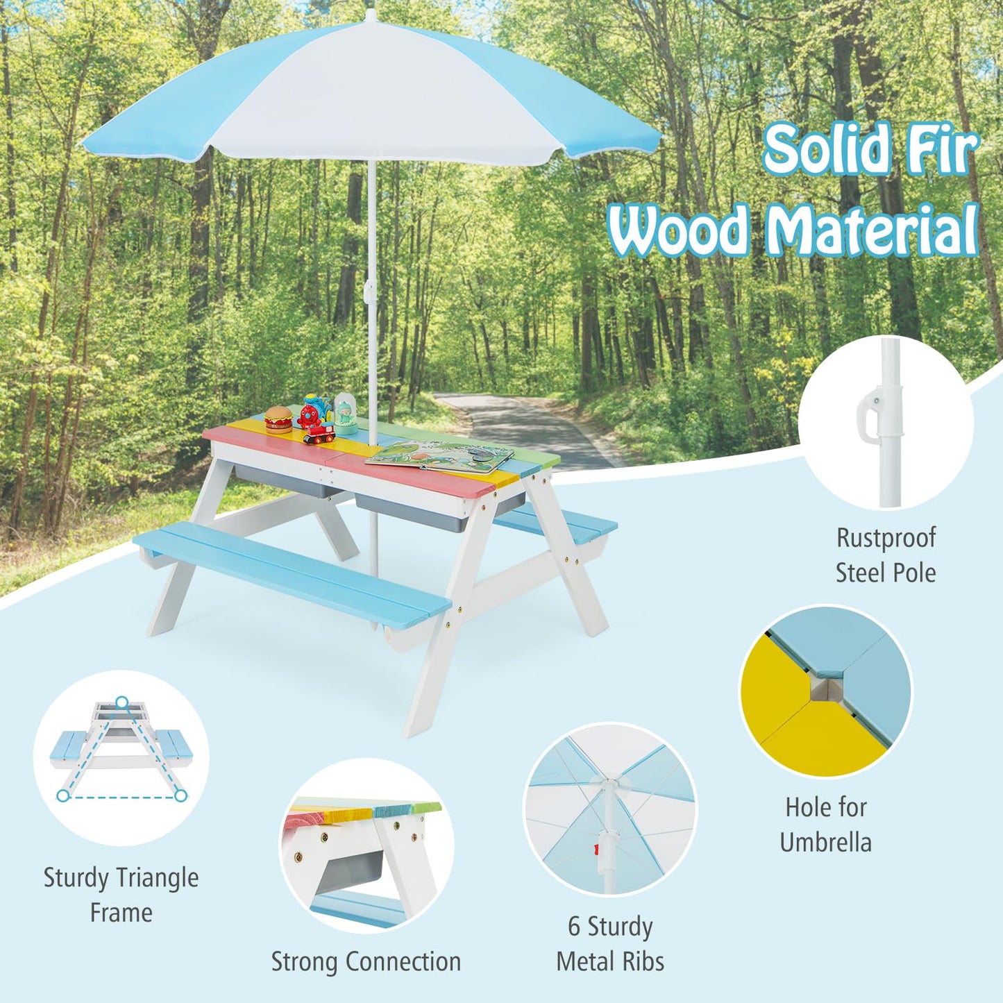 FIREFLOWERY Kids 3-in-1 Picnic Table with Height Adjustable Umbrella - Sand Tray, Water Tray and Picnic Table