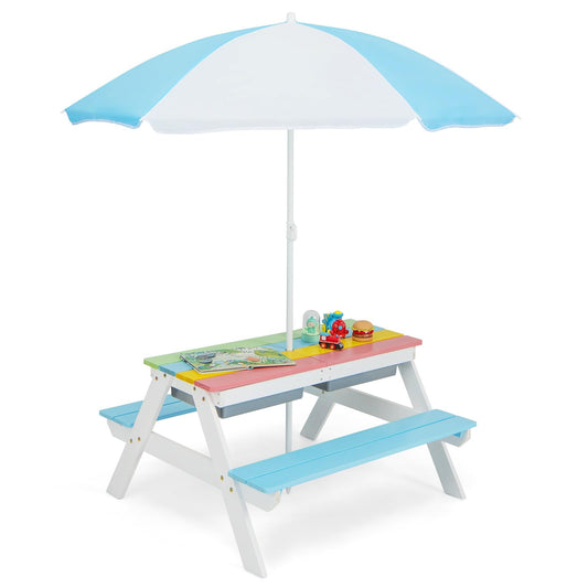 FIREFLOWERY Kids 3-in-1 Picnic Table with Height Adjustable Umbrella - Sand Tray, Water Tray and Picnic Table