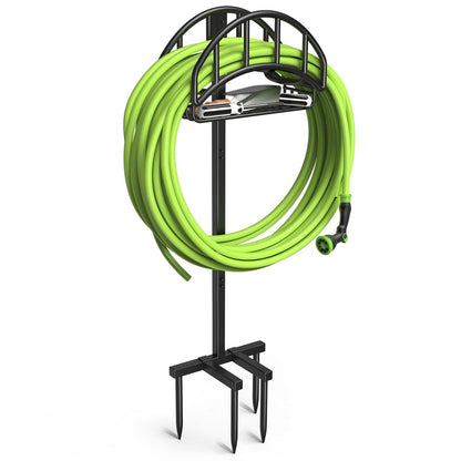 Yumatum Freestanding Garden Hose Holder with Tool Storage Basket, Holds 150ft Hose