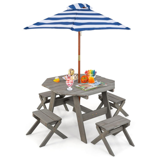 HONEY JOY Kids Picnic Table, Fir Wood Octagon Table & 4 Stool Set with Stripe Fabric Umbrella