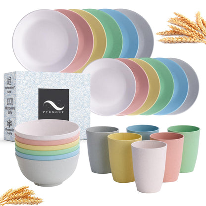 Wheat Straw Dinnerware Sets for 6,24 PCS Reusable Plastic Plates and Bowls