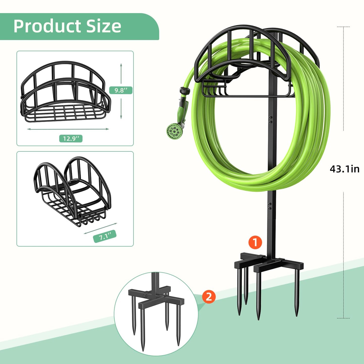 Yumatum Freestanding Garden Hose Holder with Tool Storage Basket, Holds 150ft Hose