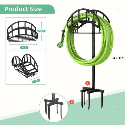 Yumatum Freestanding Garden Hose Holder with Tool Storage Basket, Holds 150ft Hose