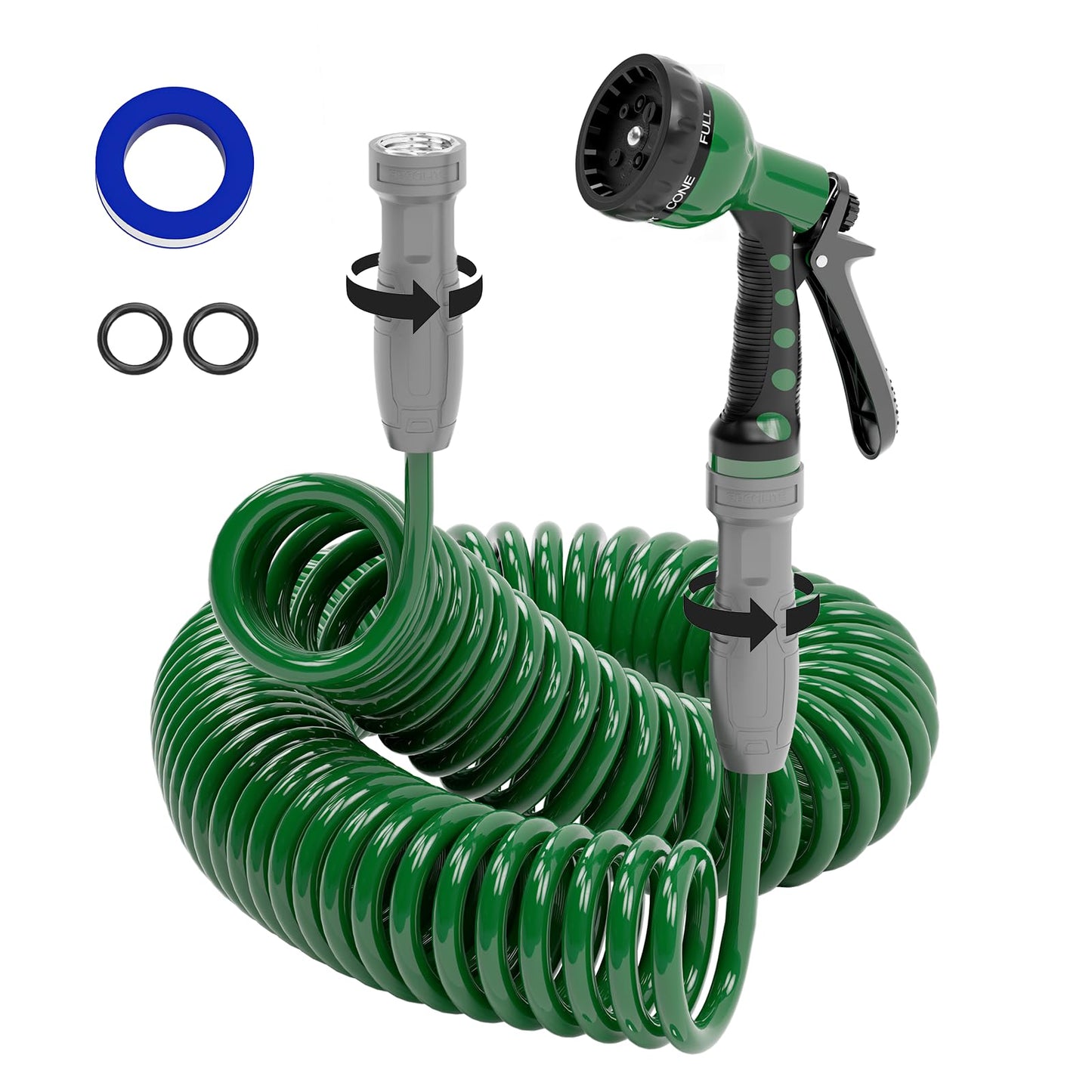 SPECILITE 3/8" Lightweight Coil Garden Hose 50 FT, EVA Flexible Curly with 6-Pattern Spray Nozzle