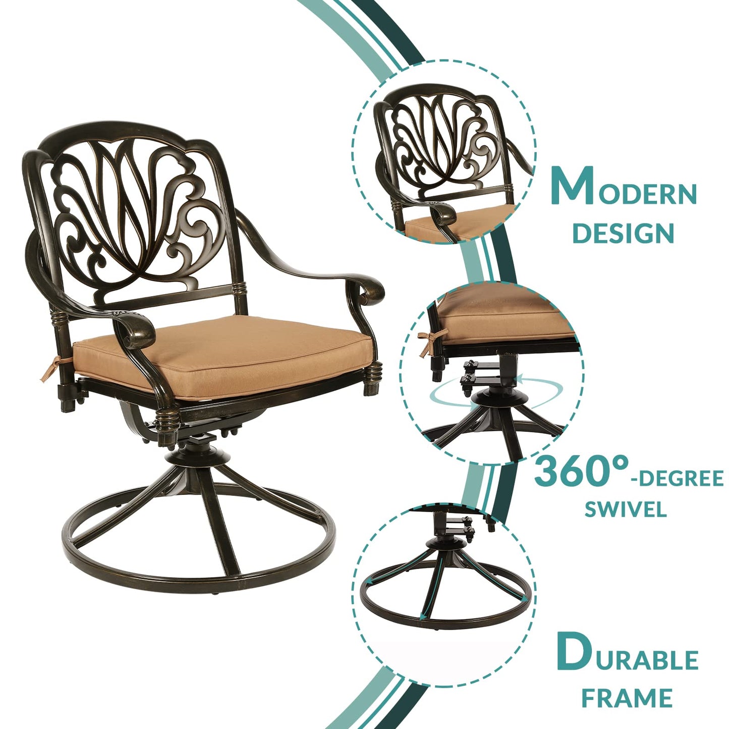 MEETWARM 5-Piece Outdoor Patio Dining Set, All-Weather Cast Aluminum Patio Conversation Set for Backyard Garden Deck with 4 Cushions Swivel Rocker Chairs and 35.4" Round Table, 2.2" Umbrella Hole