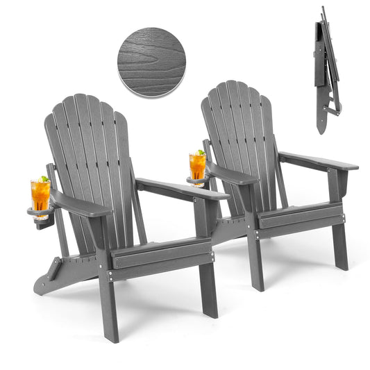 Plawdlik Folding Adirondack Chair Set of 2,SGS Tested,Wooden Textured with Cup Holder,Widened Heavy All-Weather HDPE Comfortable Seating for Ourdoor Grey