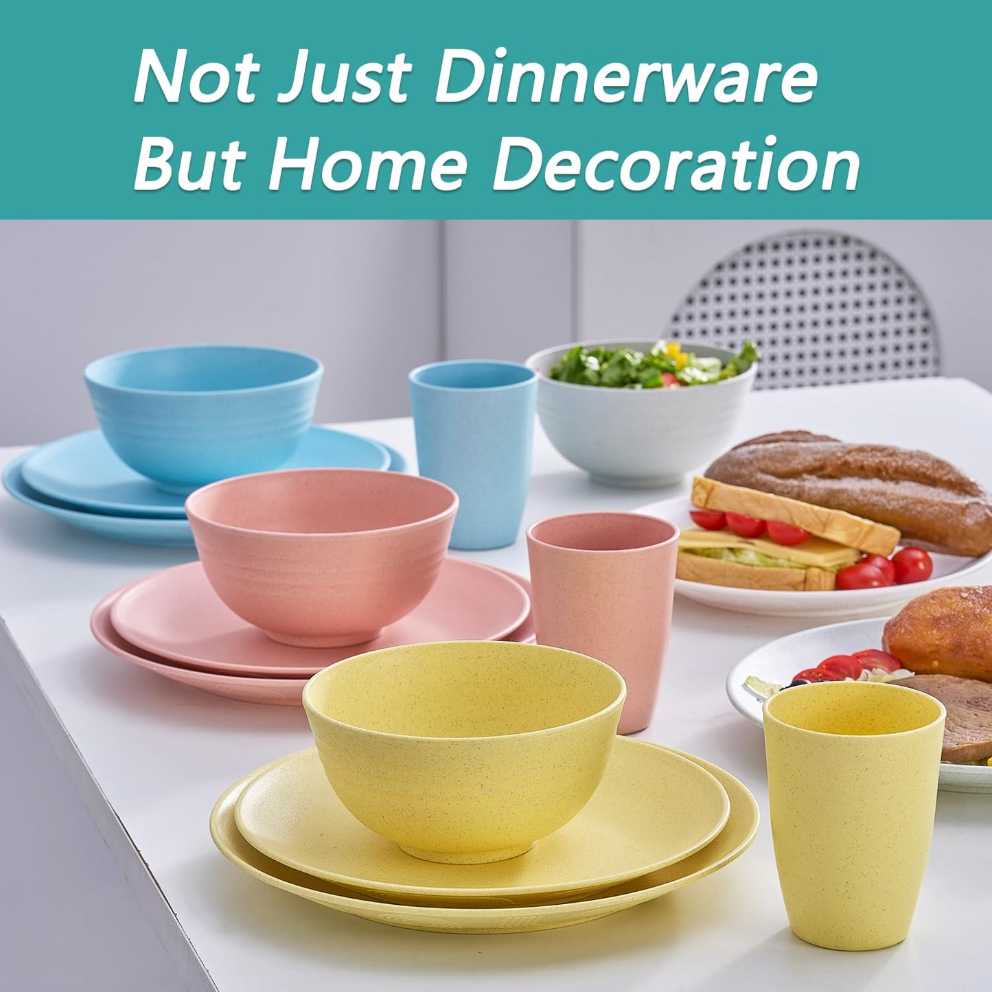 Wheat Straw Dinnerware Sets for 6,24 PCS Reusable Plastic Plates and Bowls