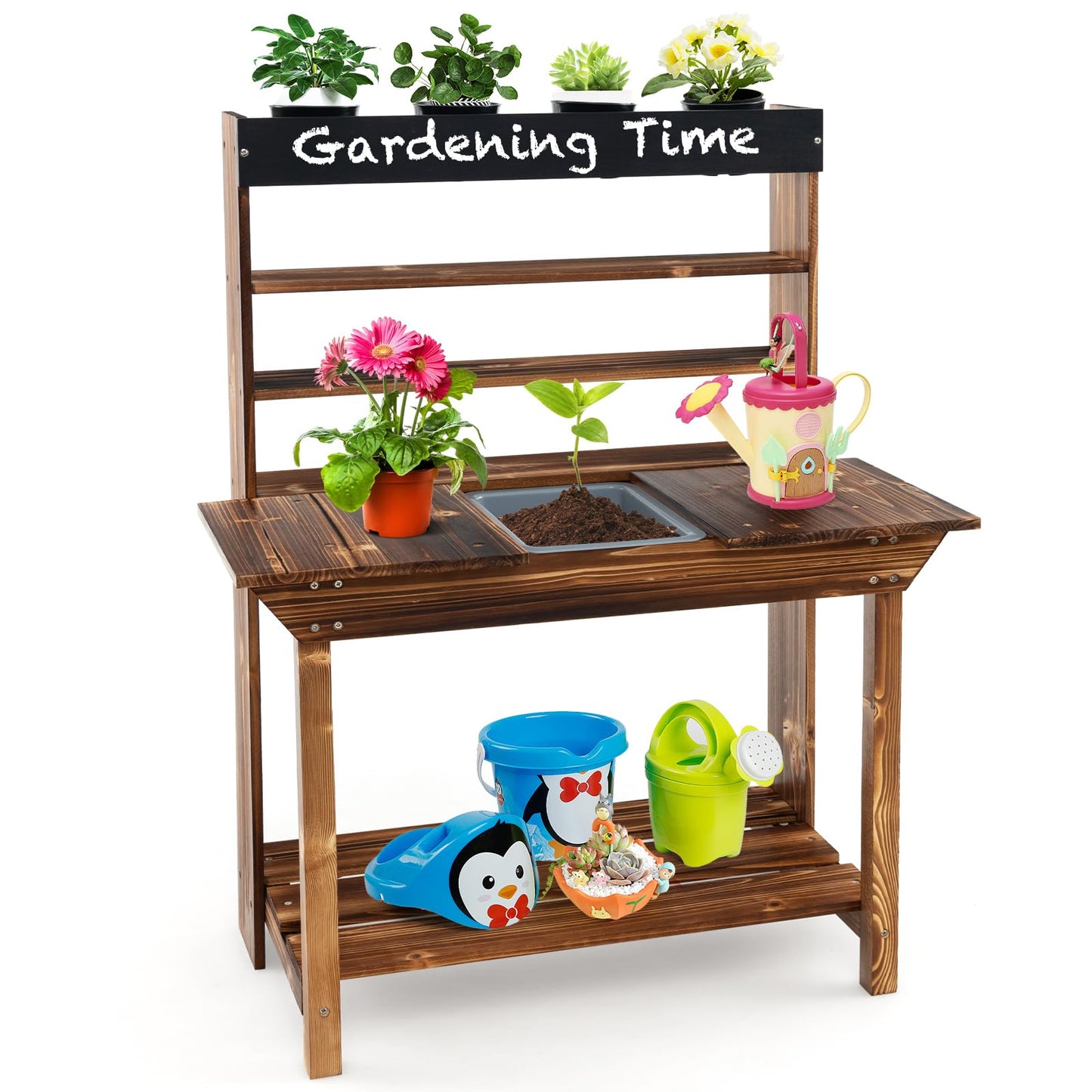 Kids Potting Table - Removable Sink, 4 Planting Cups, Chalkboard