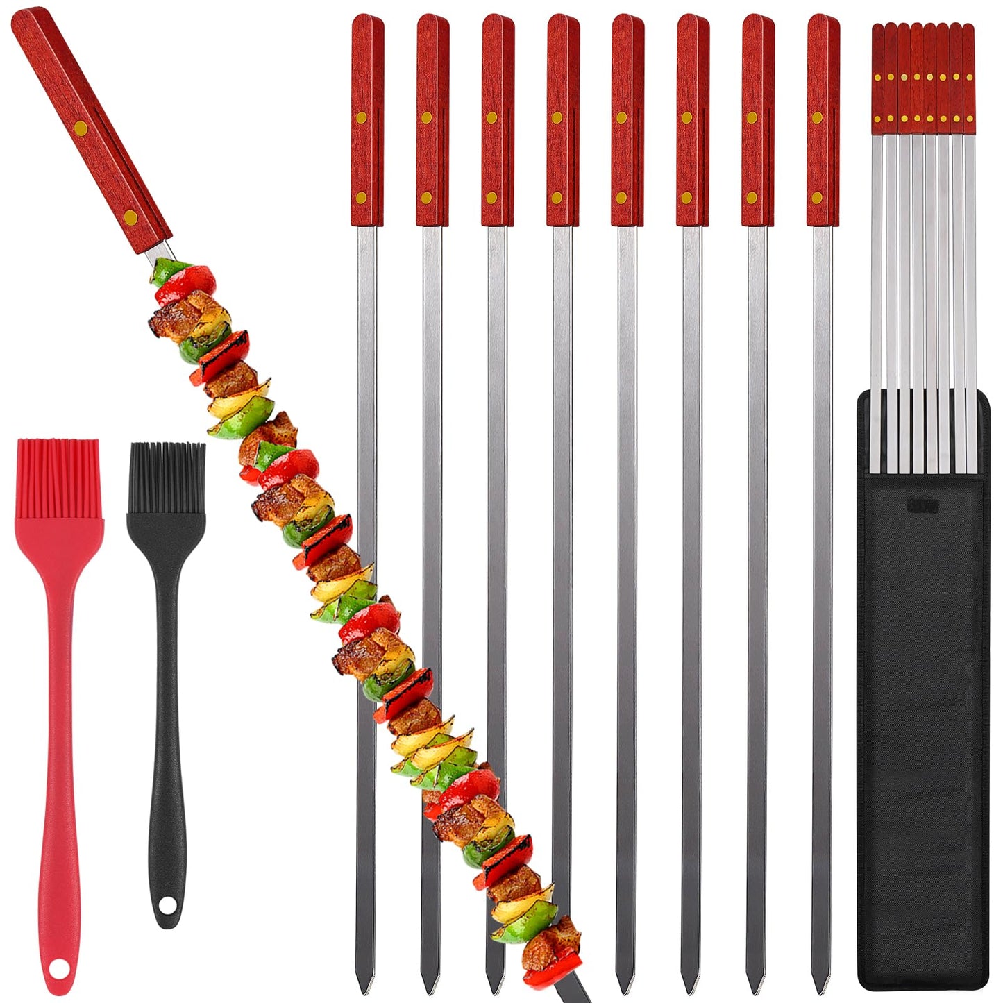 Fengzhe Kabob Skewers,23 Inch Long x 0.5 Inch Wide, Metal Stainless with Wooden Handle, 8 Set+ 2 Brushes