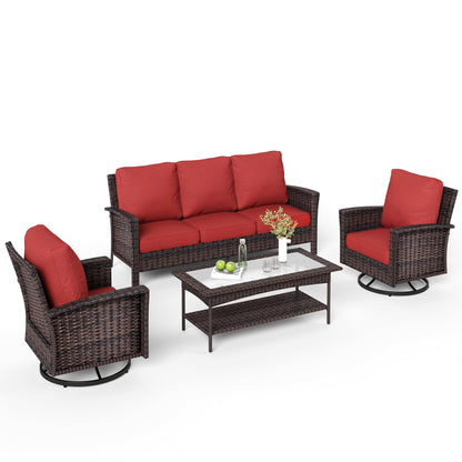 MIXPATIO 4-Piece Patio Furniture Set, Oversized Outdoor Wicker Sofa with Swivel Chairs and Coffee Table, Sectional Rattan Outdoor Conversation Set for Poolside Backyard Deck, Red