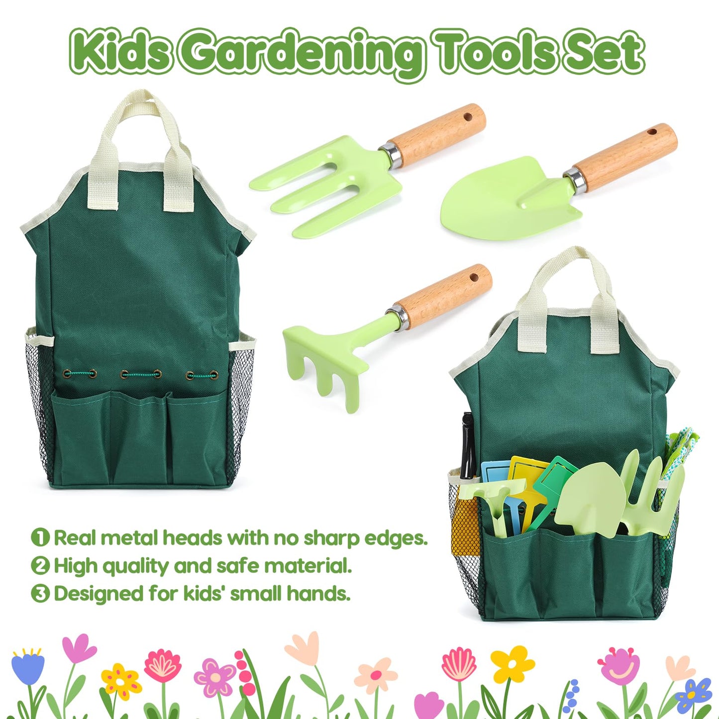 Kids Gardening Tool Set, 20PCS Gardening Set Includes Metal Rake, Fork, Trowel, Apron, Gloves, Watering Can, Tote Bag and Stickers