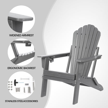 Plawdlik Folding Adirondack Chair Set of 2,SGS Tested,Wooden Textured with Cup Holder,Widened Heavy All-Weather HDPE Comfortable Seating for Ourdoor Grey