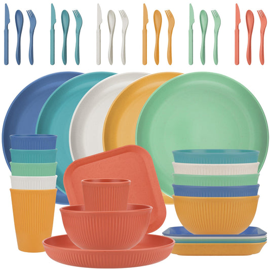 42-Piece Wheat Straw Dinnerware Set Service for 6, Lightweight Unbreakable Plastic Plate Set