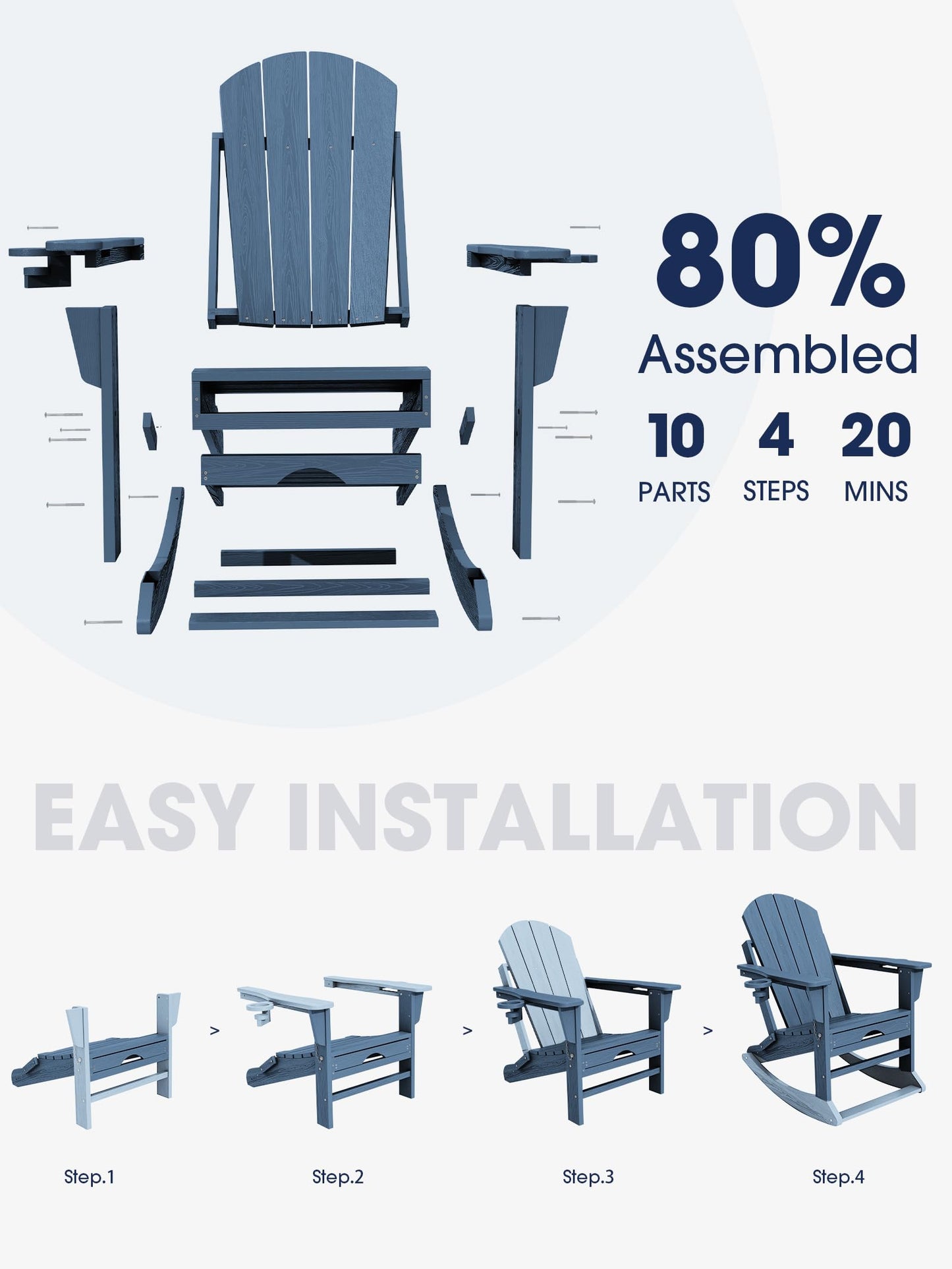 Folding Adirondack Rocking Chair with Retractable Ottoman and Cup Holders