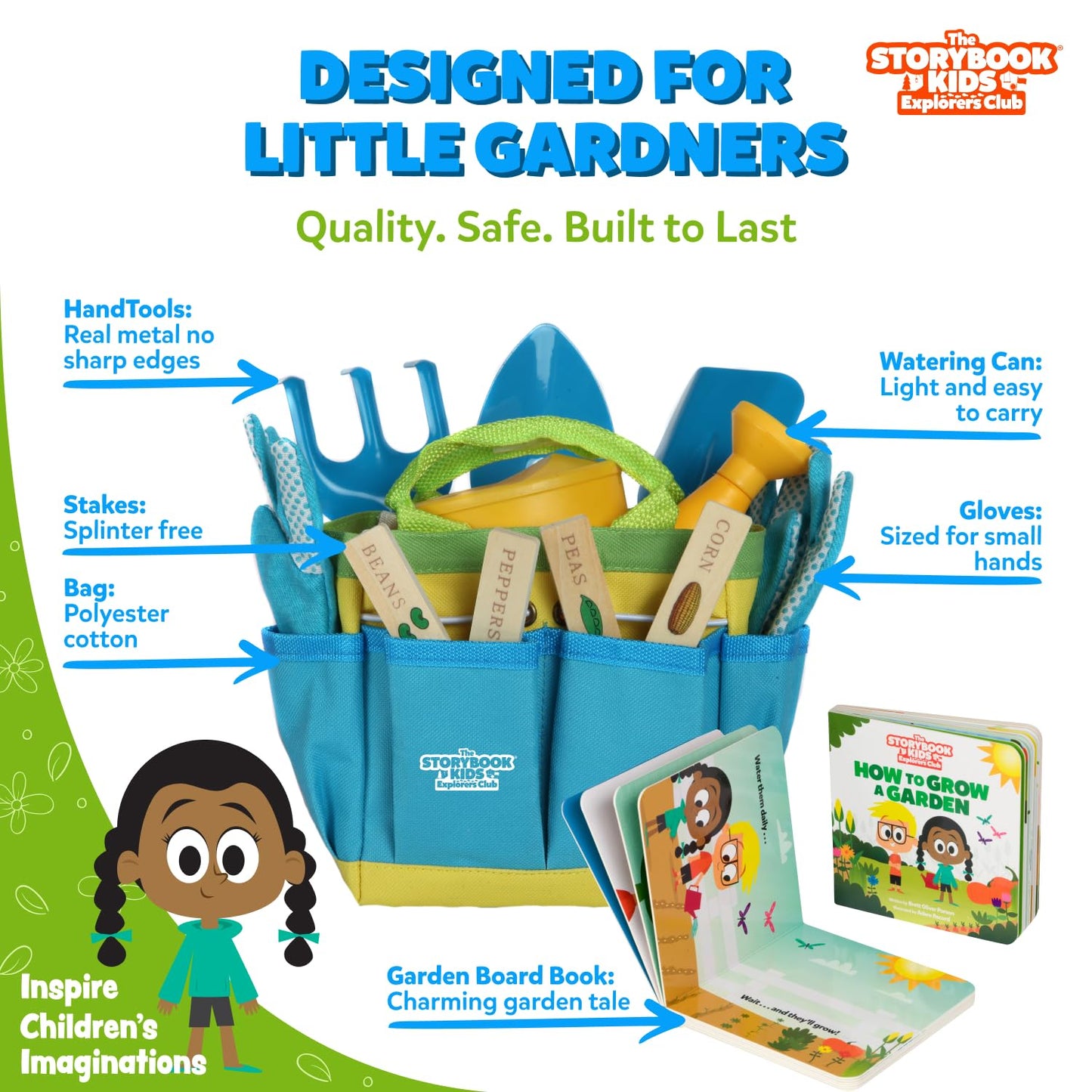 Blue Kids Gardening Tools - Includes Sturdy Tote Bag, Watering Can, Gloves, Shovels, Rake, and How to Grow a Garden Children's Book