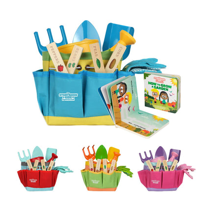 Blue Kids Gardening Tools - Includes Sturdy Tote Bag, Watering Can, Gloves, Shovels, Rake, and How to Grow a Garden Children's Book