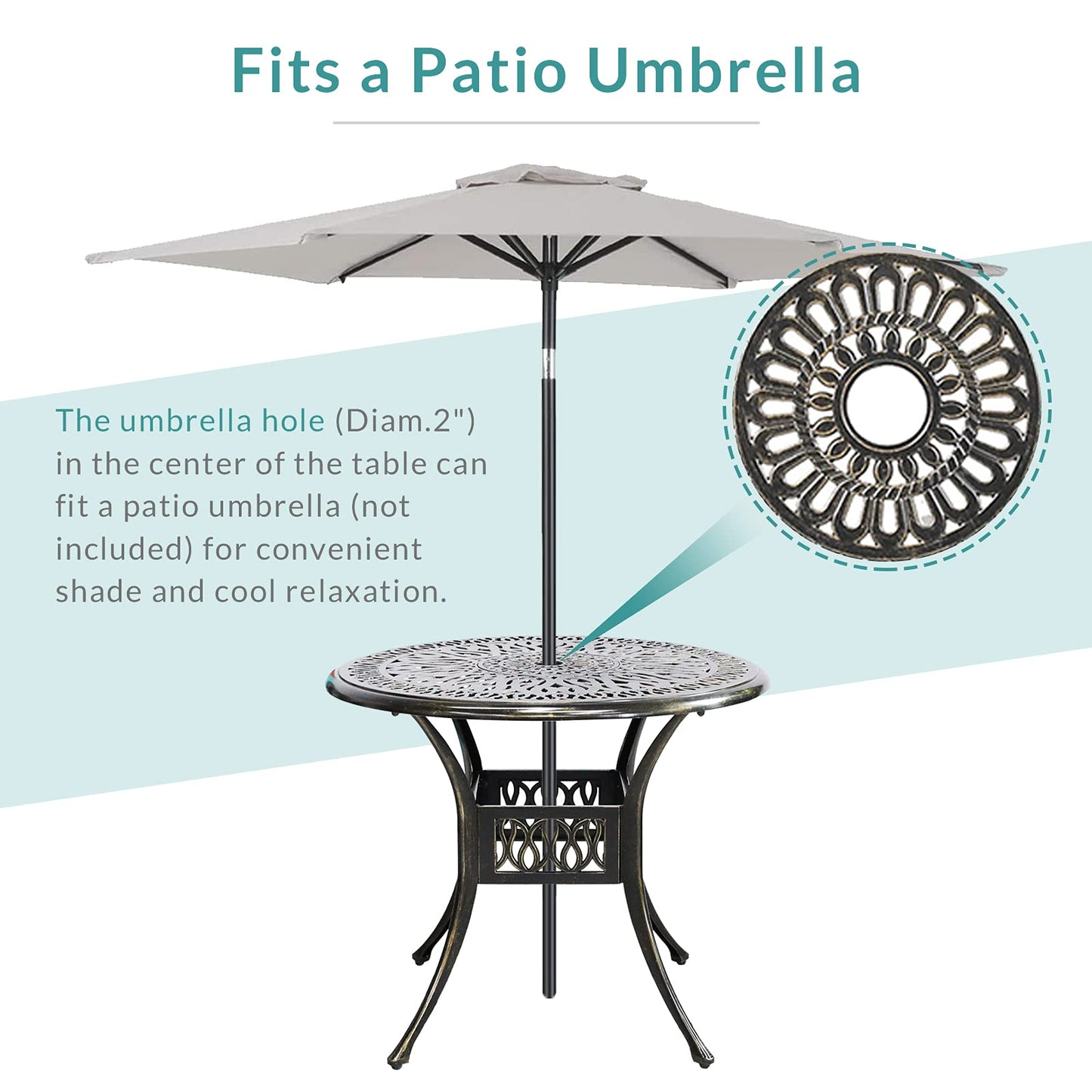 MEETWARM 5-Piece Outdoor Patio Dining Set, All-Weather Cast Aluminum Patio Conversation Set for Backyard Garden Deck with 4 Cushions Swivel Rocker Chairs and 35.4" Round Table, 2.2" Umbrella Hole