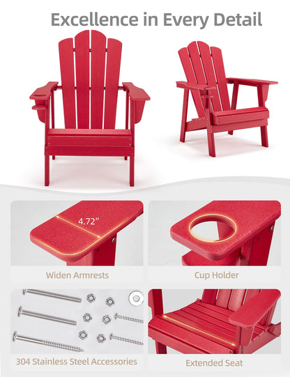 Adirondack Chair - Durable HDPE Poly Lumber All-Weather Resistant, Oversized - Easy Installation, Red