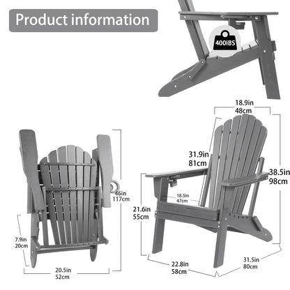 Plawdlik Folding Adirondack Chair Set of 2,SGS Tested,Wooden Textured with Cup Holder,Widened Heavy All-Weather HDPE Comfortable Seating for Ourdoor Grey