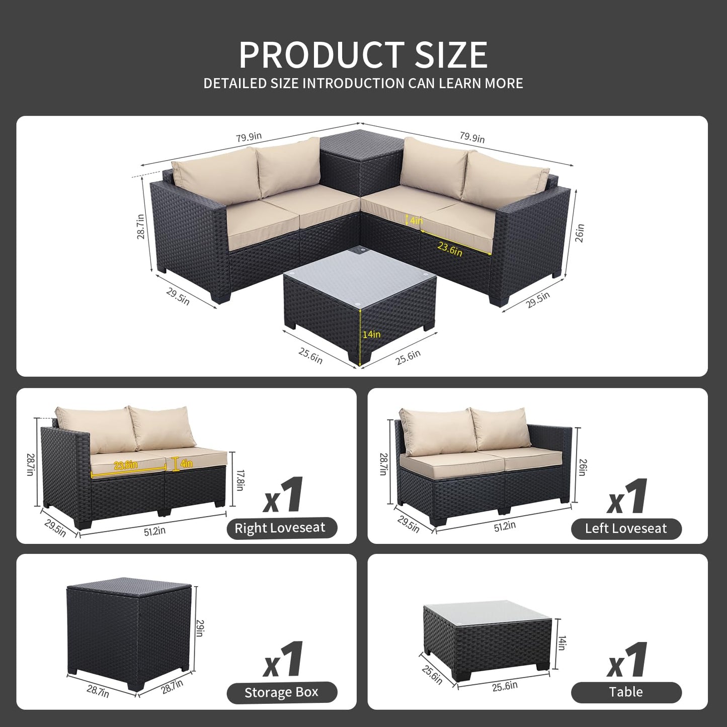 WAROOM Outdoor PE Wicker Patio Furniture Set 4 Piece Black Rattan Sectional Sofa Conversation Couch Sets with Storage Box Glass Top Table and Anti-Slip Khaki Cushion