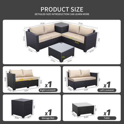 WAROOM Outdoor PE Wicker Patio Furniture Set 4 Piece Black Rattan Sectional Sofa Conversation Couch Sets with Storage Box Glass Top Table and Anti-Slip Khaki Cushion