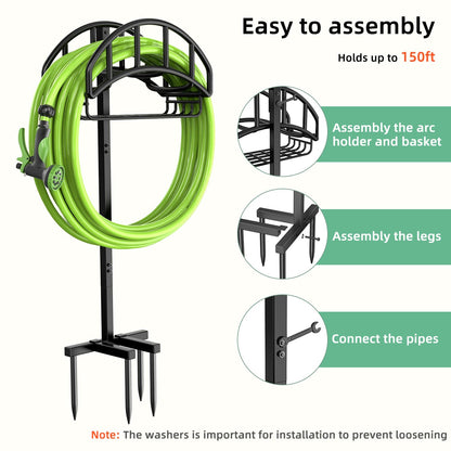 Yumatum Freestanding Garden Hose Holder with Tool Storage Basket, Holds 150ft Hose