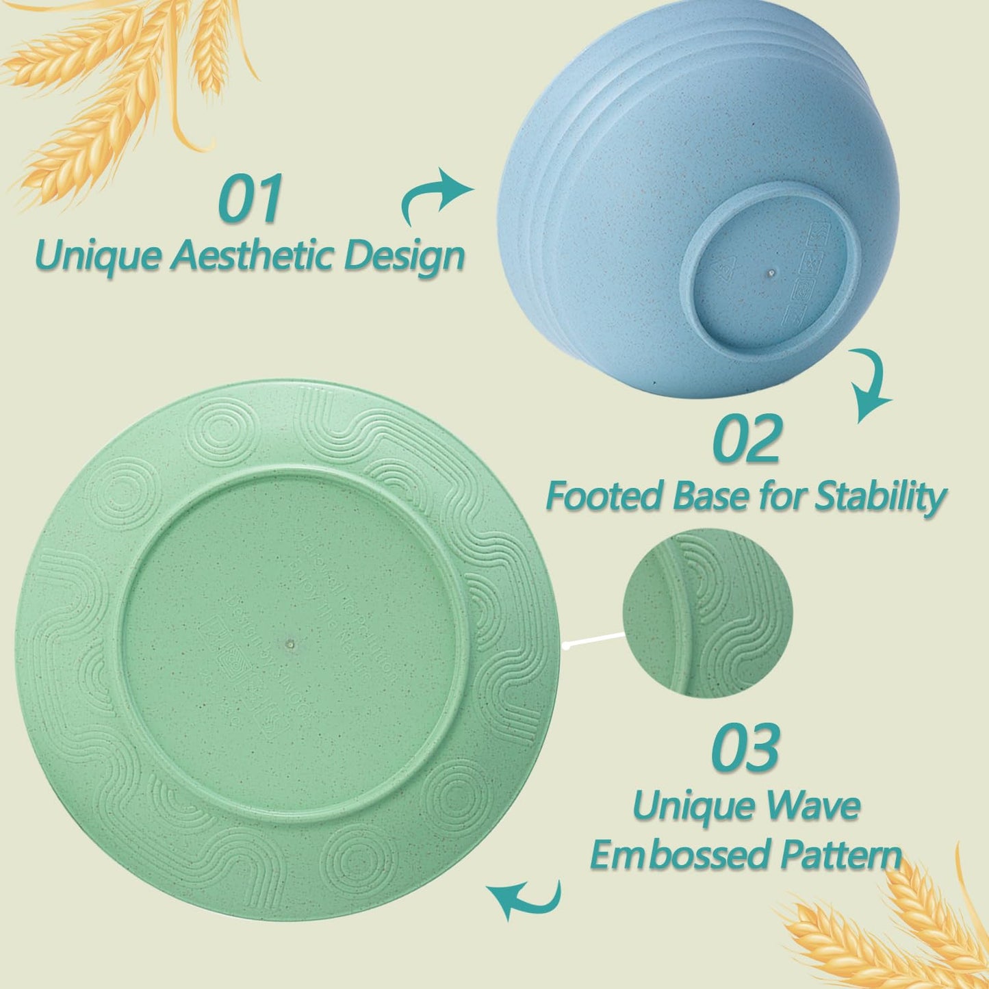 Wheat Straw Dinnerware Sets for 6,24 PCS Reusable Plastic Plates and Bowls