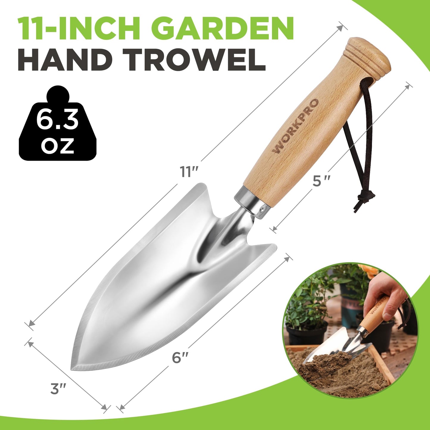 WORKPRO 11" Garden Hand Trowel, Heavy Duty Polished Stainless Steel