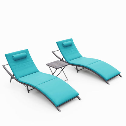 Knnbxa Chaise Lounge Set 3 Pieces Outdoor Rattan Wicker Pool Lounge Chairs w/Adjustable Backrest,Foldable Patio Chaise Lounge for Patio Porch Beach,Blue