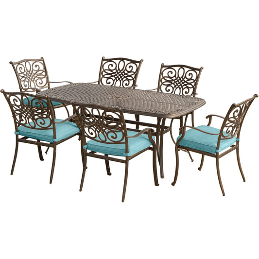 Hanover Traditions 7-Piece Patio Dining Set with 6 Outdoor Dining Chairs, Blue Cushions, and Large 38"x72" Cast-Top Dining Table, Outdoor Dining Set for 6, Premium Weather Resistant Patio Furniture