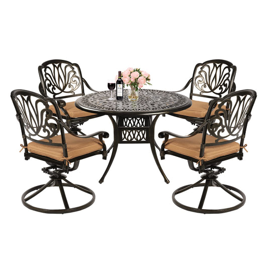 MEETWARM 5-Piece Outdoor Patio Dining Set, All-Weather Cast Aluminum Patio Conversation Set for Backyard Garden Deck with 4 Cushions Swivel Rocker Chairs and 35.4" Round Table, 2.2" Umbrella Hole