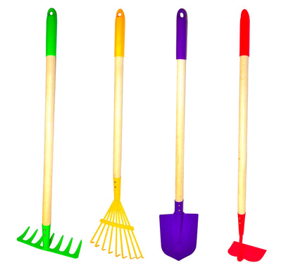 JustForKids Kids Garden Tool Set - Rake, Spade, Hoe and Leaf Rake