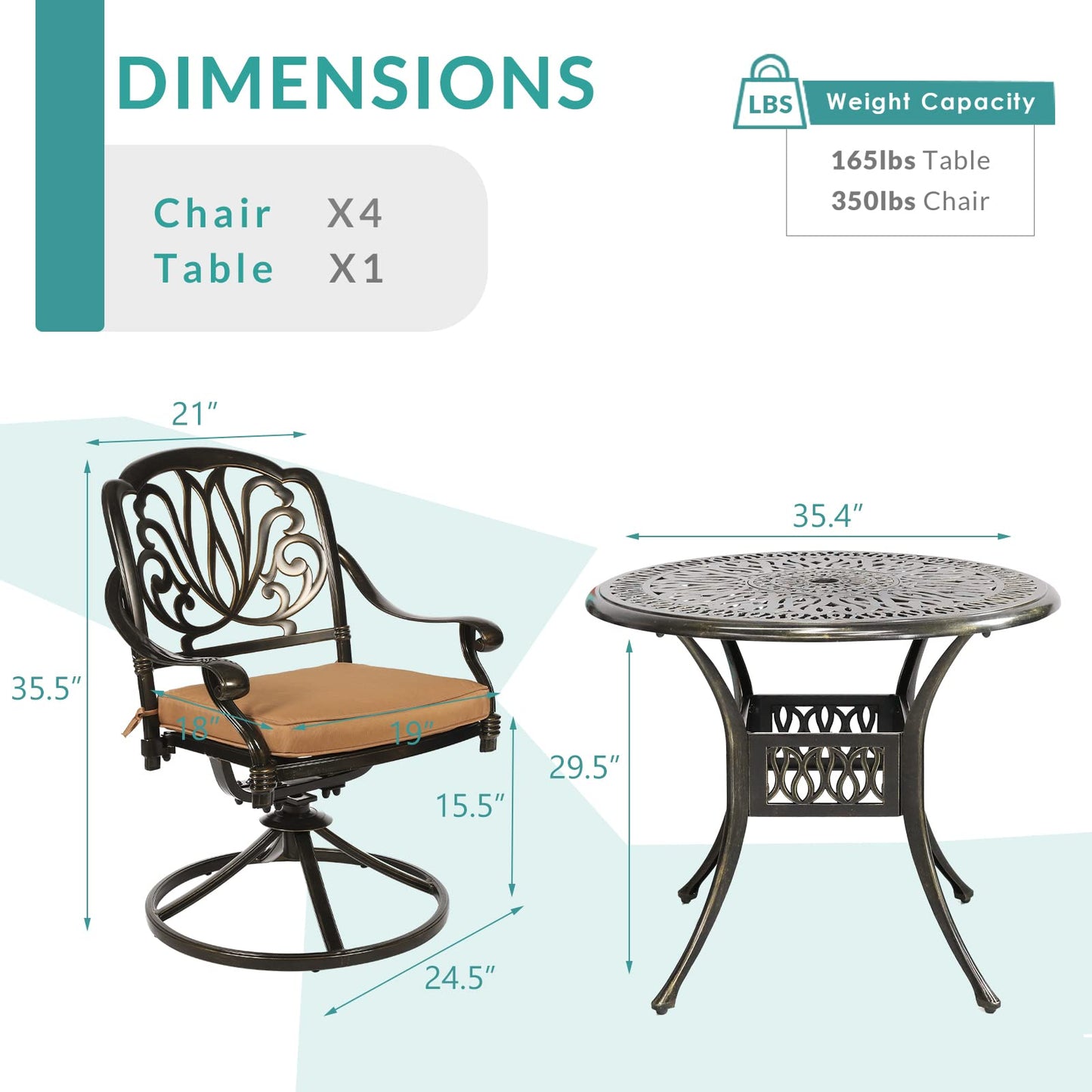 MEETWARM 5-Piece Outdoor Patio Dining Set, All-Weather Cast Aluminum Patio Conversation Set for Backyard Garden Deck with 4 Cushions Swivel Rocker Chairs and 35.4" Round Table, 2.2" Umbrella Hole