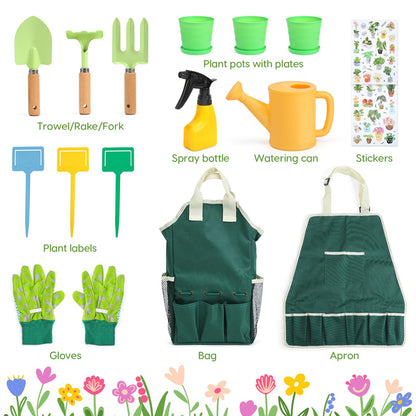 Kids Gardening Tool Set, 20PCS Gardening Set Includes Metal Rake, Fork, Trowel, Apron, Gloves, Watering Can, Tote Bag and Stickers