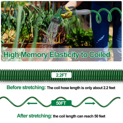 SPECILITE 3/8" Lightweight Coil Garden Hose 50 FT, EVA Flexible Curly with 6-Pattern Spray Nozzle