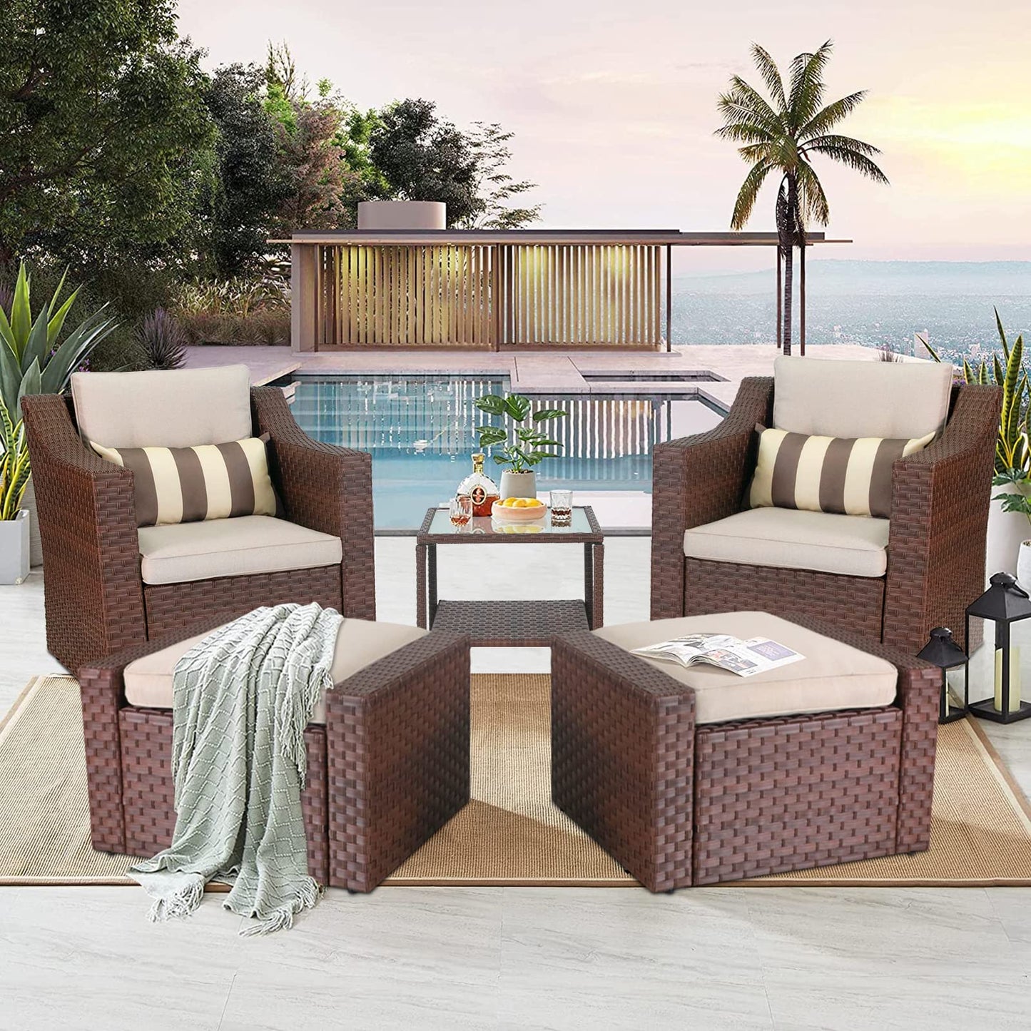 SOLAURA 5 Piece Patio Conversation Set Outdoor Furniture Set, Brown Wicker Lounge Chair with Ottoman Footrest, W/Coffee Table & Cushions (Beige) for Garden, Patio, Balcony, Deck