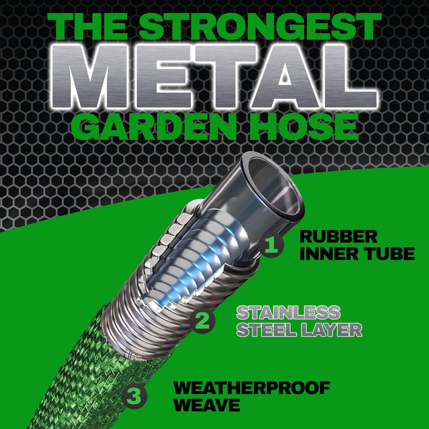 HYDROSTEEL Garden Hose 50 Ft with Nozzle, 3x Layer Stainless Steel