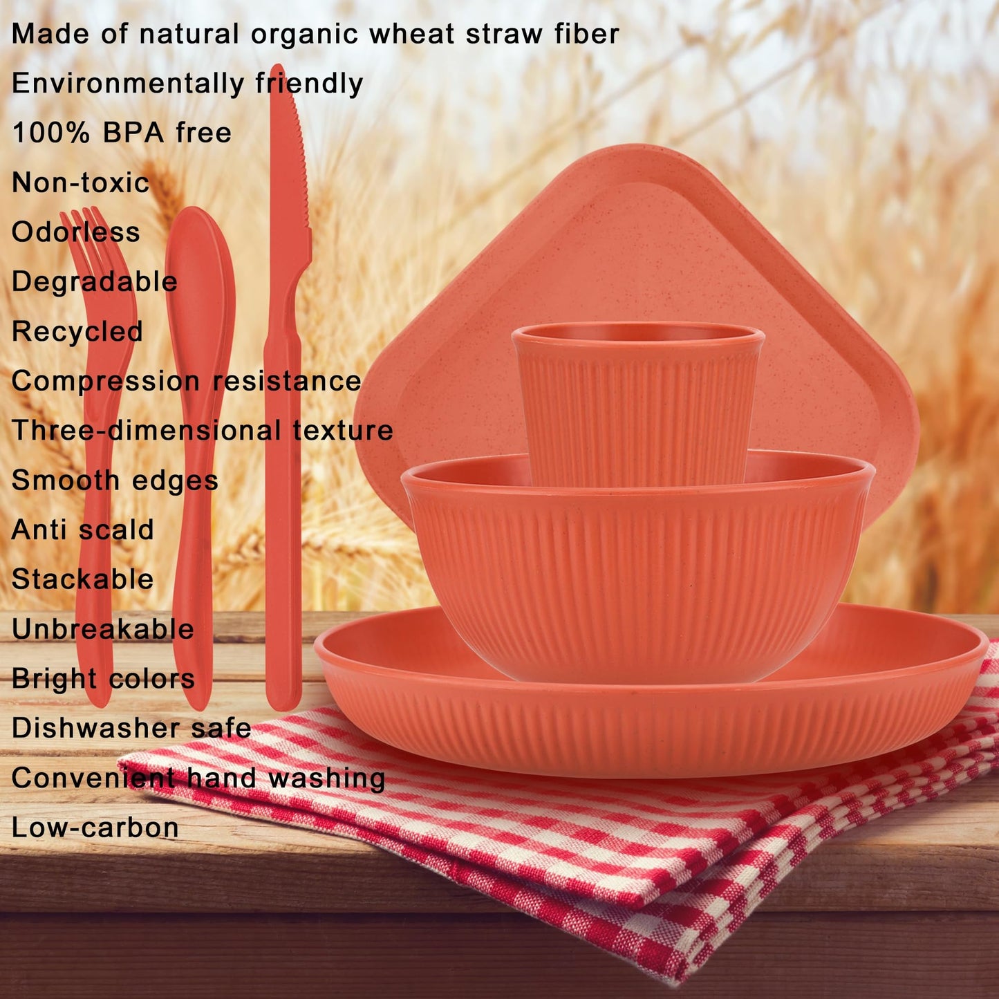 42-Piece Wheat Straw Dinnerware Set Service for 6, Lightweight Unbreakable Plastic Plate Set