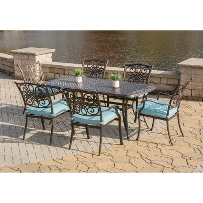 Hanover Traditions 7-Piece Patio Dining Set with 6 Outdoor Dining Chairs, Blue Cushions, and Large 38"x72" Cast-Top Dining Table, Outdoor Dining Set for 6, Premium Weather Resistant Patio Furniture