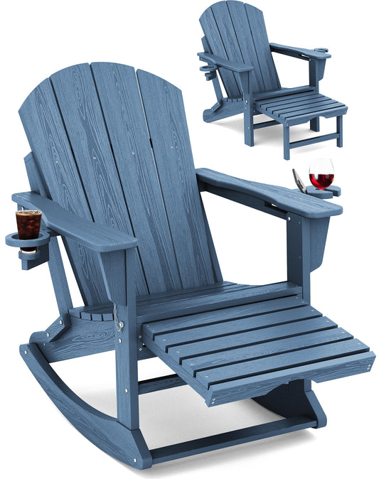 Folding Adirondack Rocking Chair with Retractable Ottoman and Cup Holders