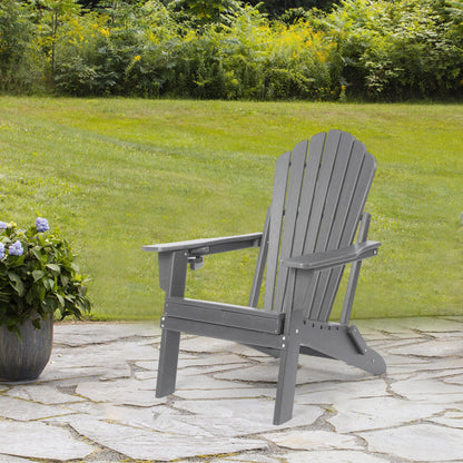 Plawdlik Folding Adirondack Chair Set of 2,SGS Tested,Wooden Textured with Cup Holder,Widened Heavy All-Weather HDPE Comfortable Seating for Ourdoor Grey