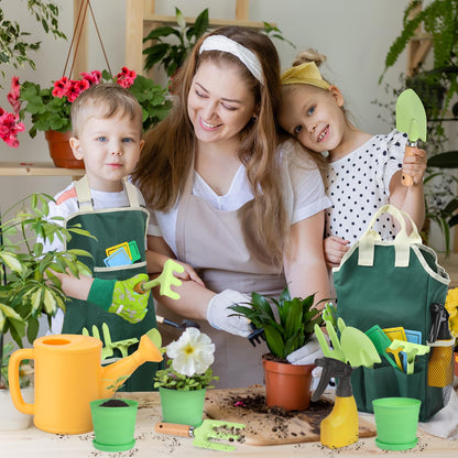 Kids Gardening Tool Set, 20PCS Gardening Set Includes Metal Rake, Fork, Trowel, Apron, Gloves, Watering Can, Tote Bag and Stickers