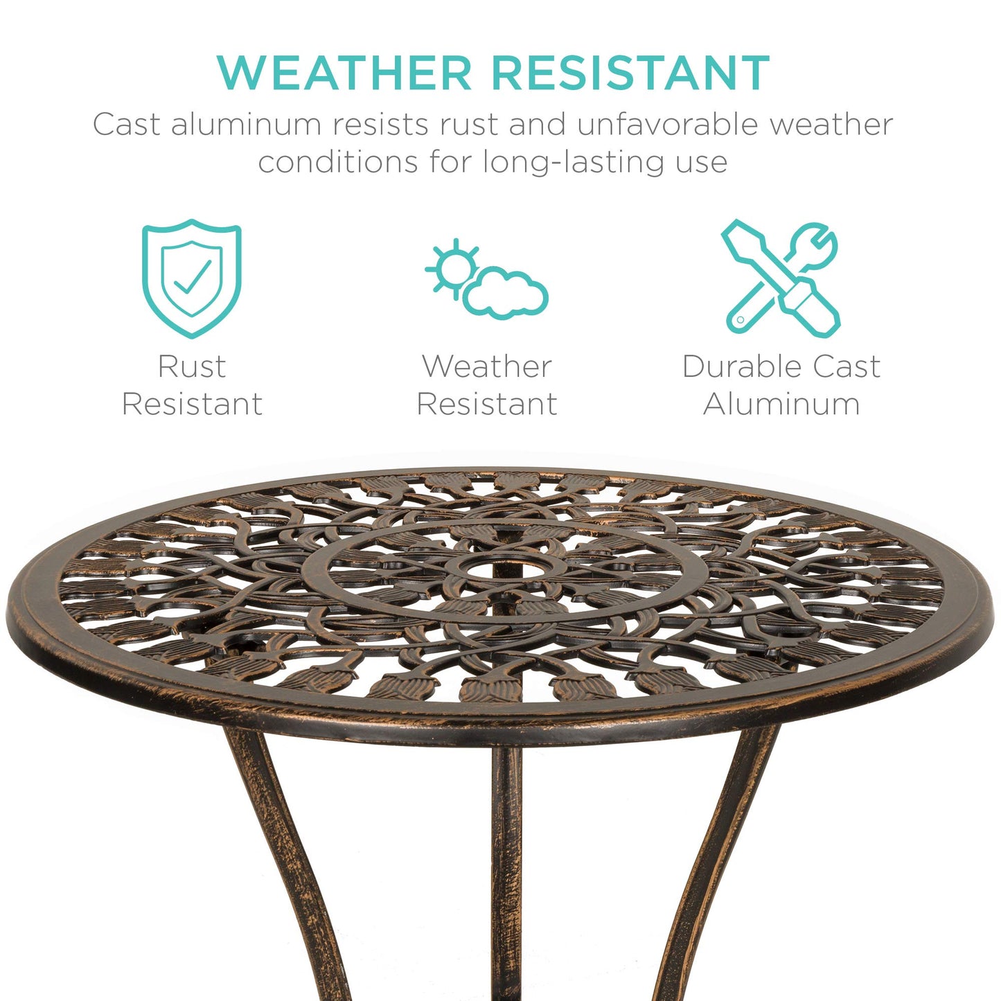 Best Choice Products 3-Piece Outdoor Rust-Resistant Cast Aluminum Patio Bistro Set w/Tulip Design, Antique Finish - Copper